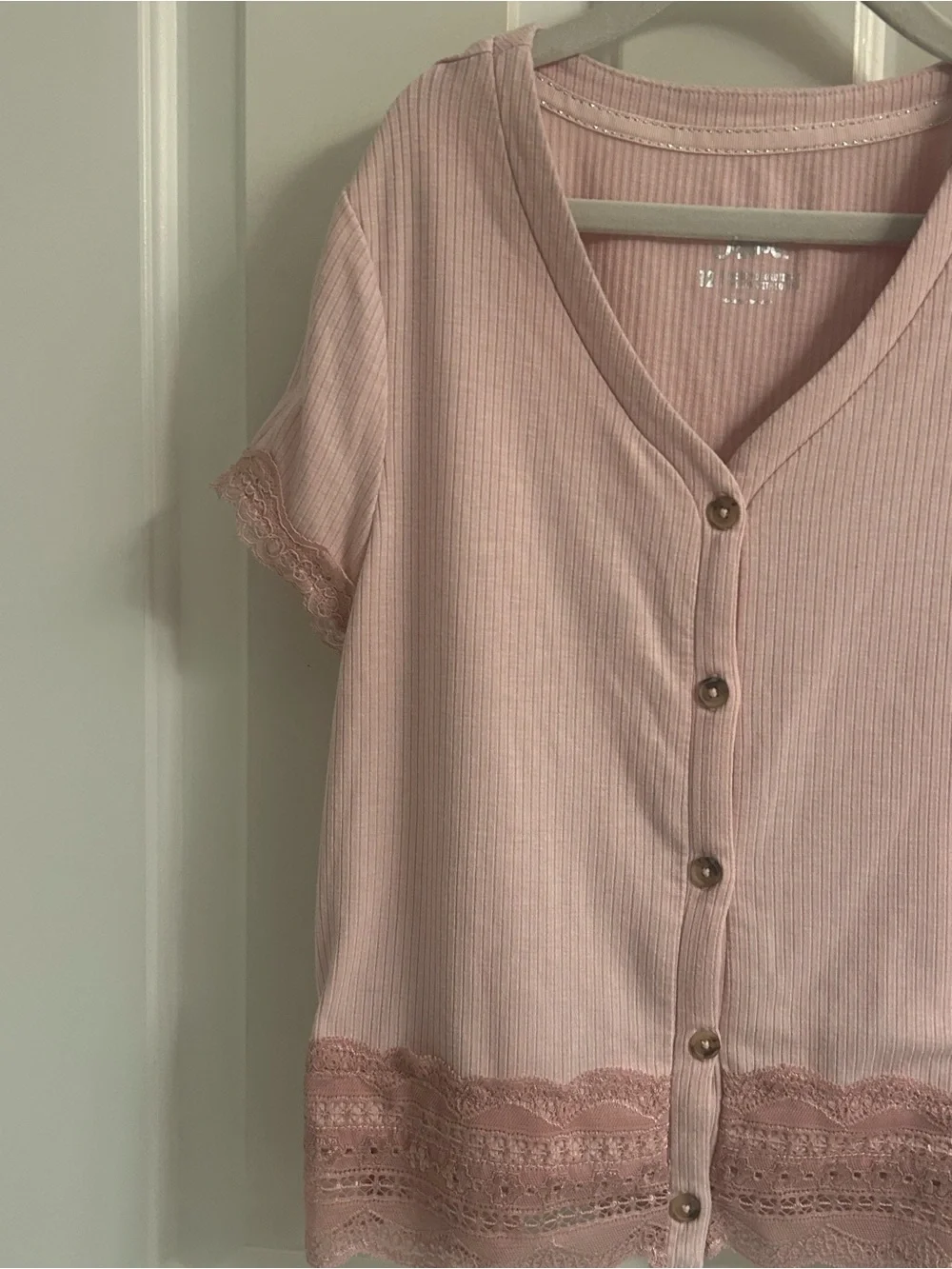 Girls Justice Pink Ribbed Lace-Trim Button-Front Short Sleeve Top